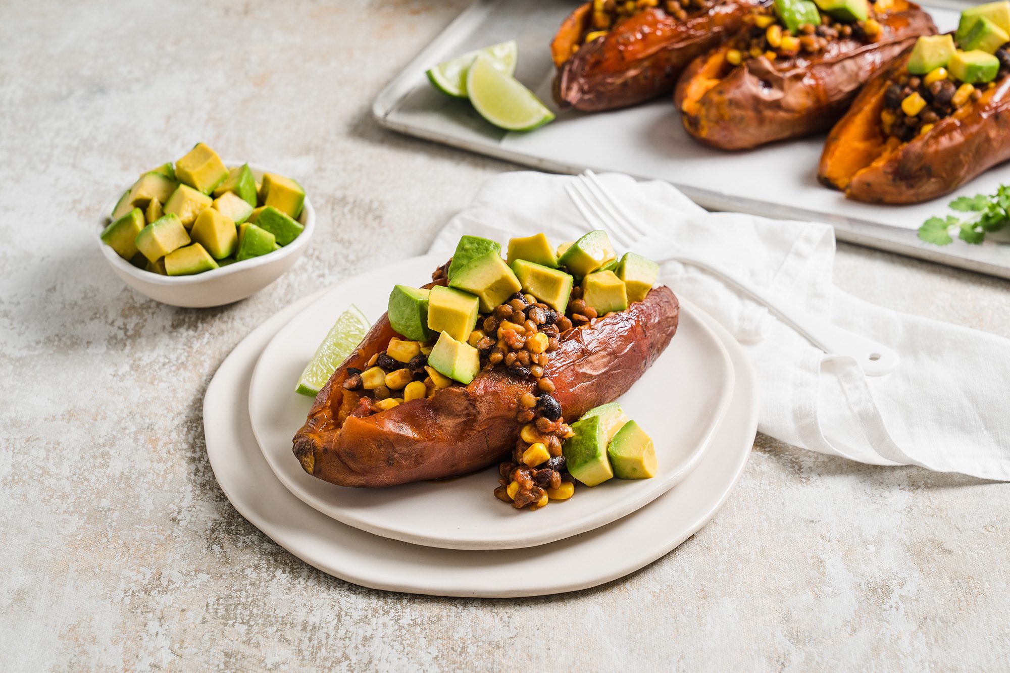 4. Avocado Sweet Potatoes with Veggie Chilli