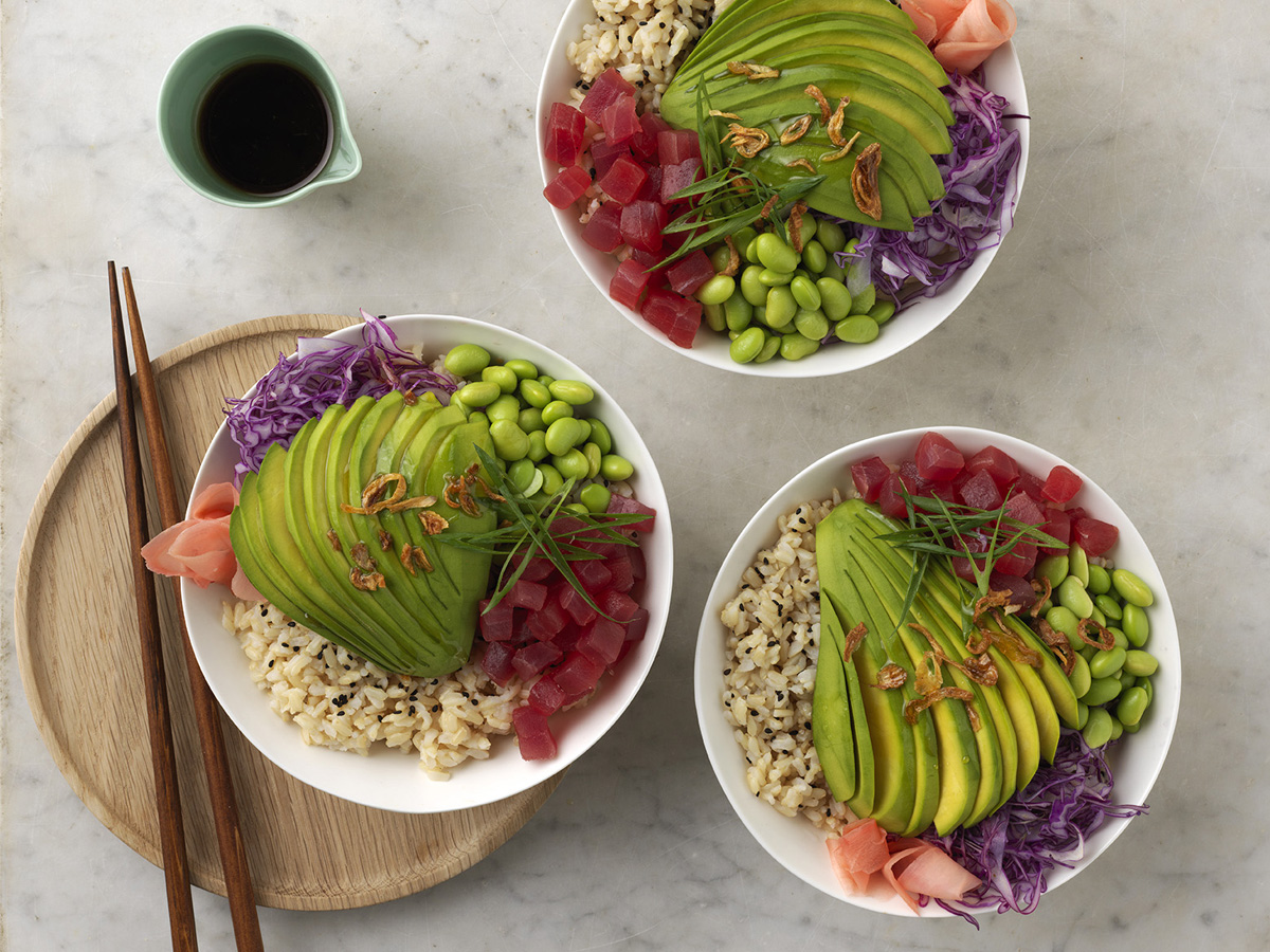 Avocado and tuna brown rice poke bowl