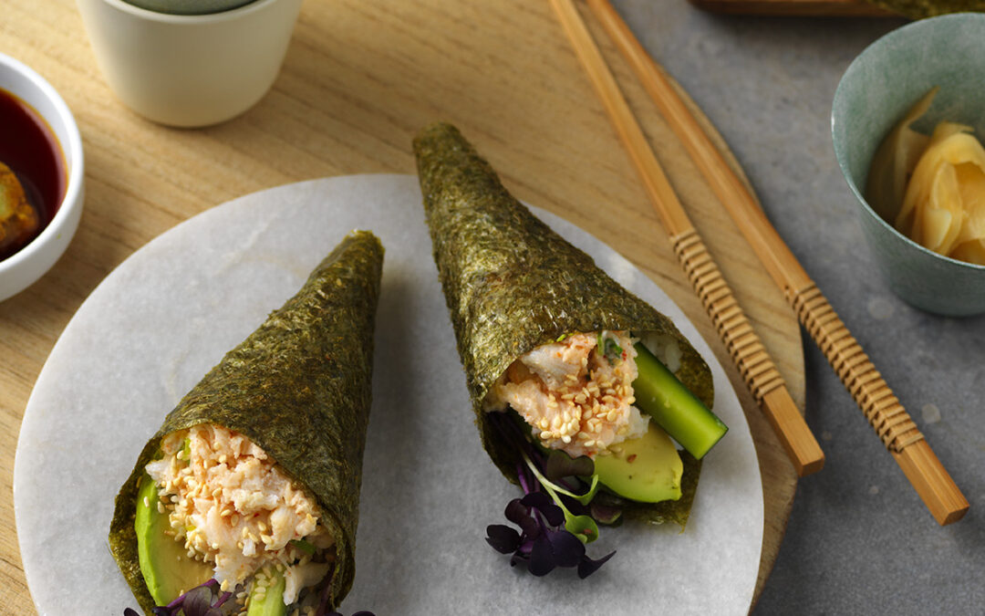 Avocado (and Crab) Temaki Roll with Onion Sprouts, Cucumber, Wasabi