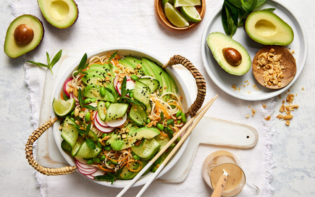 Avocado, cucumber, edamame & soba noodle salad with a zesty peanut dressing