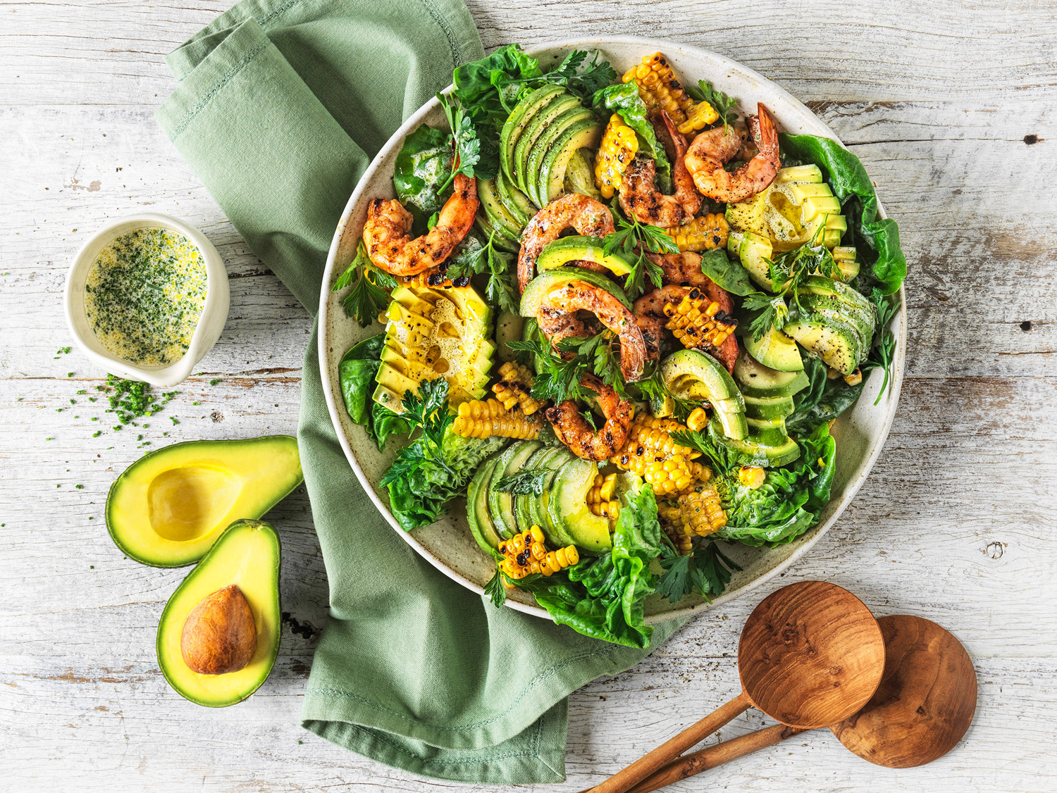 Avocado and smoky prawn salad with charred corn and buttermilk dressing ...