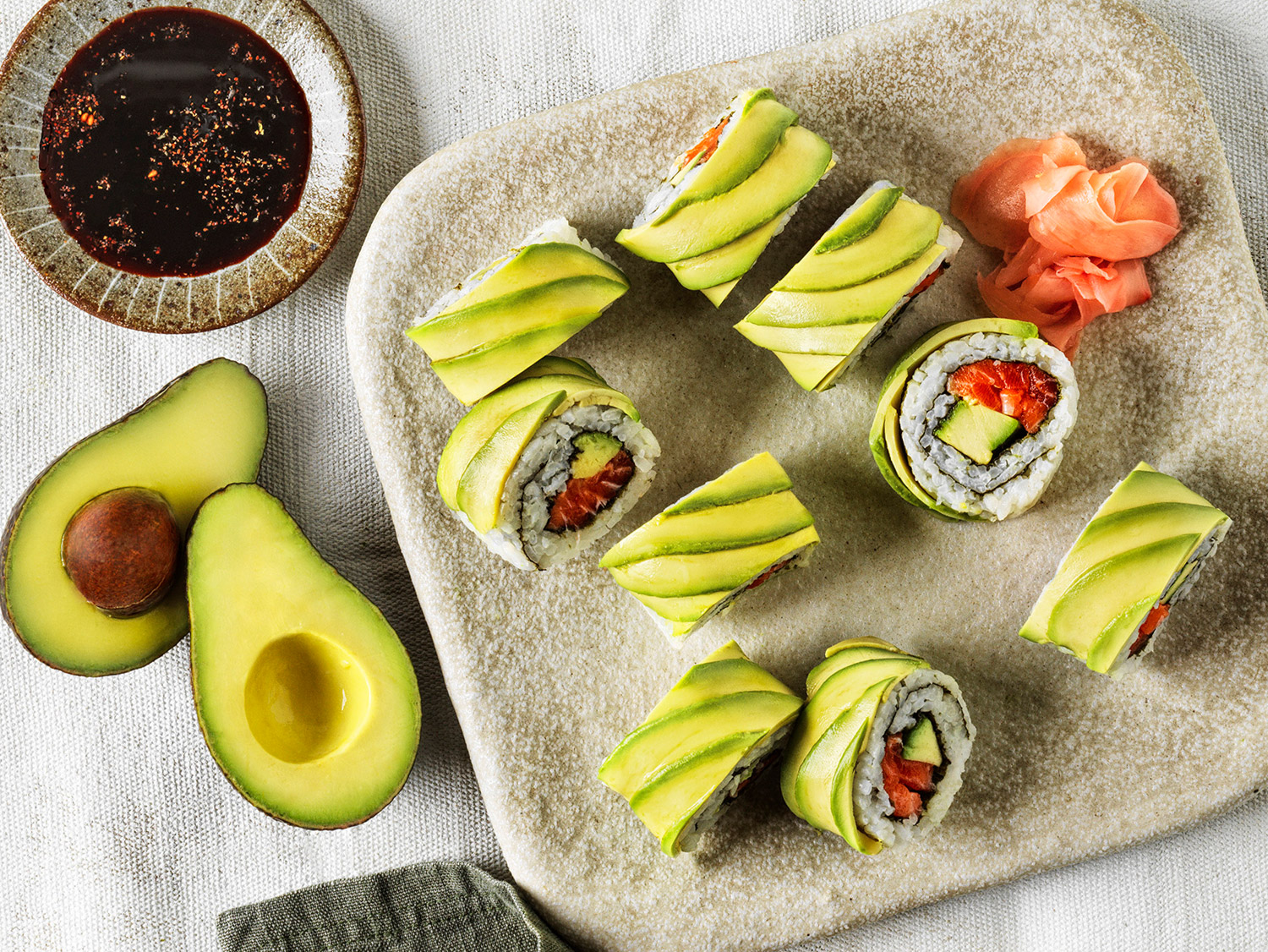 Avocado and salmon inside out sushi rolls - Australian Avocados