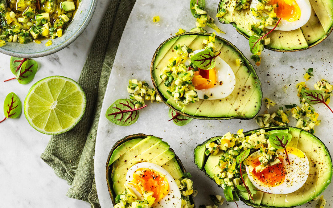 Avocado with soft-boiled egg and avocado-jalapeno salsa