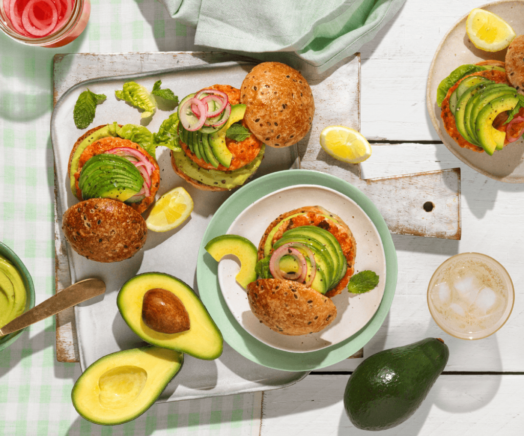 Salmon Burgers with Avocado, Quick Pickled Onion and Avocado Aioli