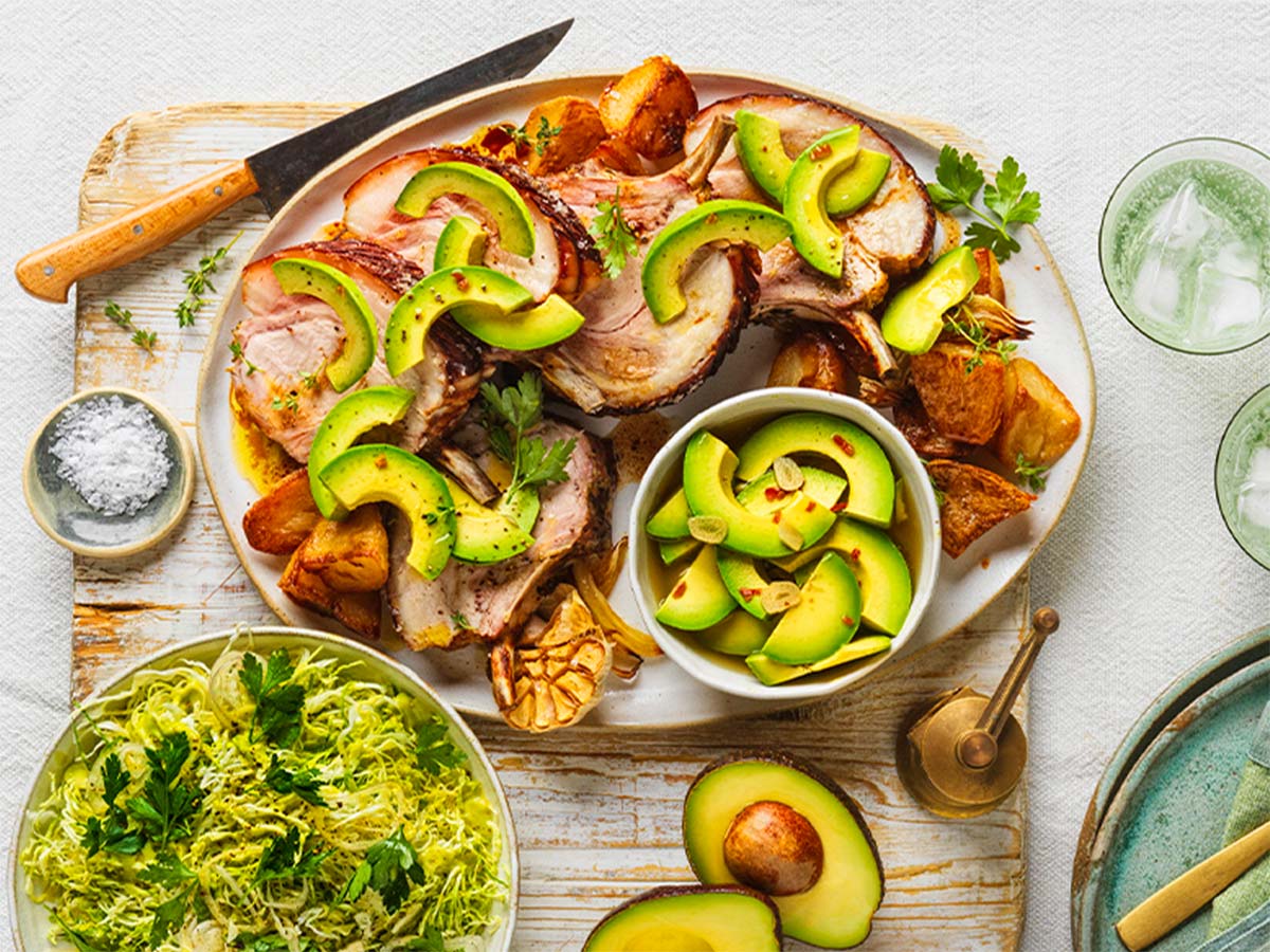 Pork roast with pickled avocado and slaw