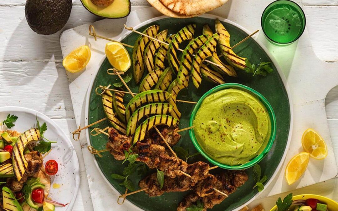 Grilled Avocado And Chicken Skewers With Avocado Hummus