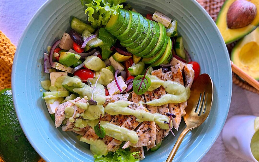 Greek Inspired Chicken Avocado Salad with Zesty Avocado Dressing