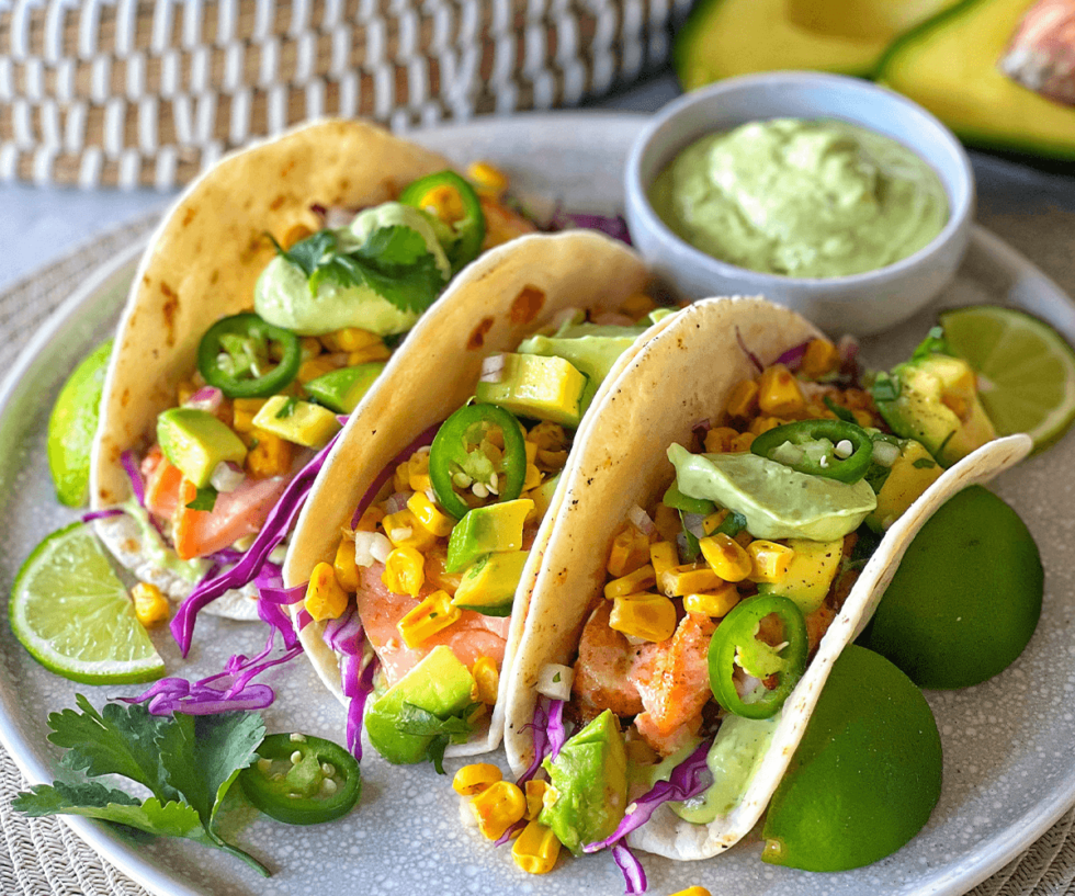 Salmon Tacos with Avocado Corn Salsa and Avocado Crema Australian