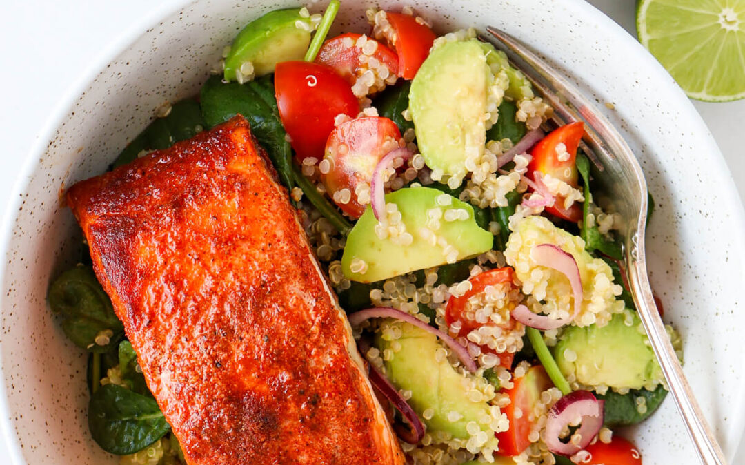 Grilled honey salmon with avocado salad