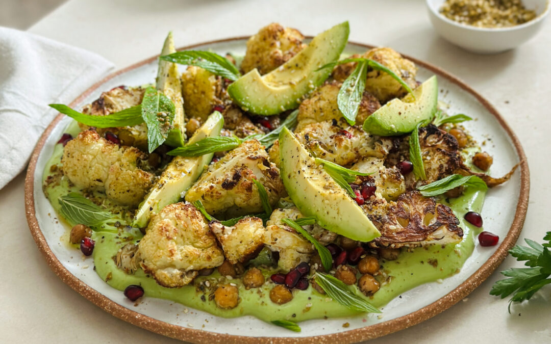 Dukkah roast cauliflower, avocado and crispy chickpeas salad with creamy avocado dressing x Tom Walton