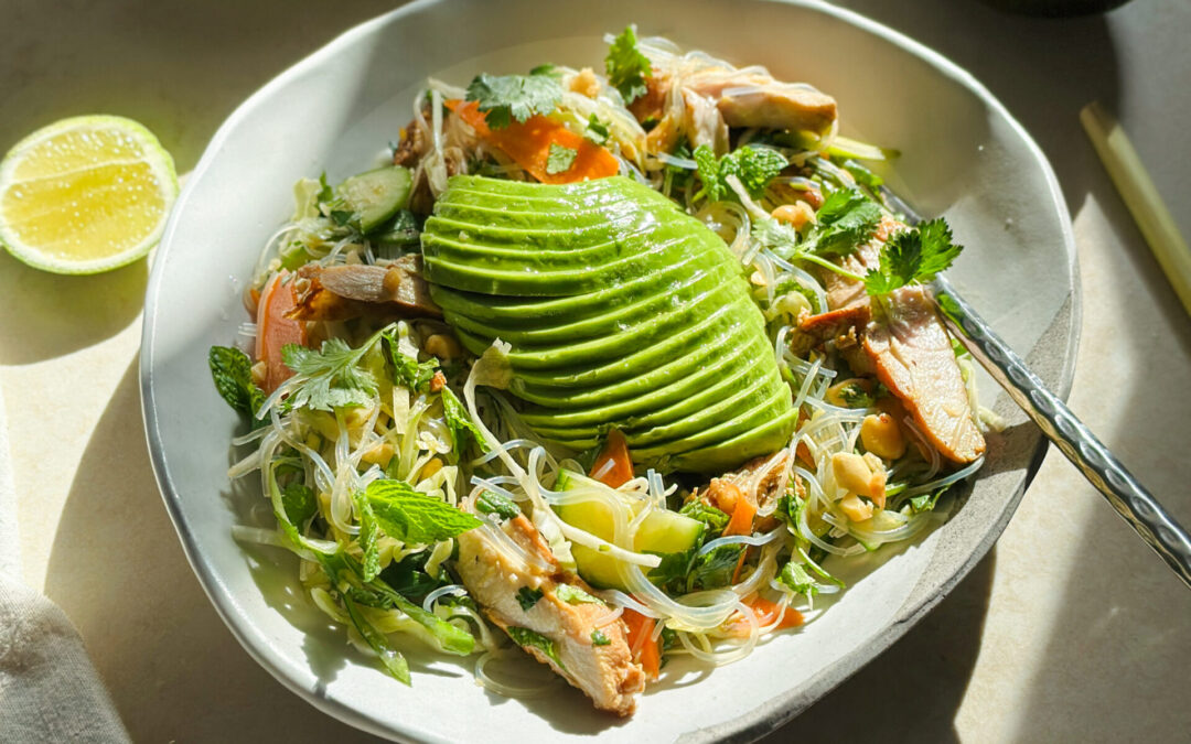 Vietnamese lemongrass chicken salad with avocado, vermicelli and fresh herbs x Tom Walton
