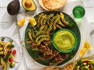Grilled Avocado And Chicken Skewers With Avocado Hummus