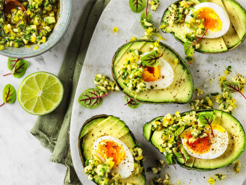 Avocado with soft-boiled egg and avocado-jalapeno salsa