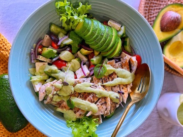 Greek Inspired Chicken Avocado Salad with Zesty Avocado Dressing