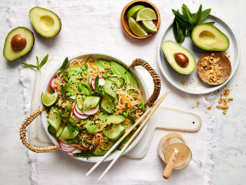 Avocado, cucumber, edamame & soba noodle salad with a zesty peanut dressing